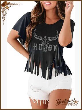 Western Cowgirl T-Shirt with Fringe Hem, Cow Skull Graphic, Regular Fit